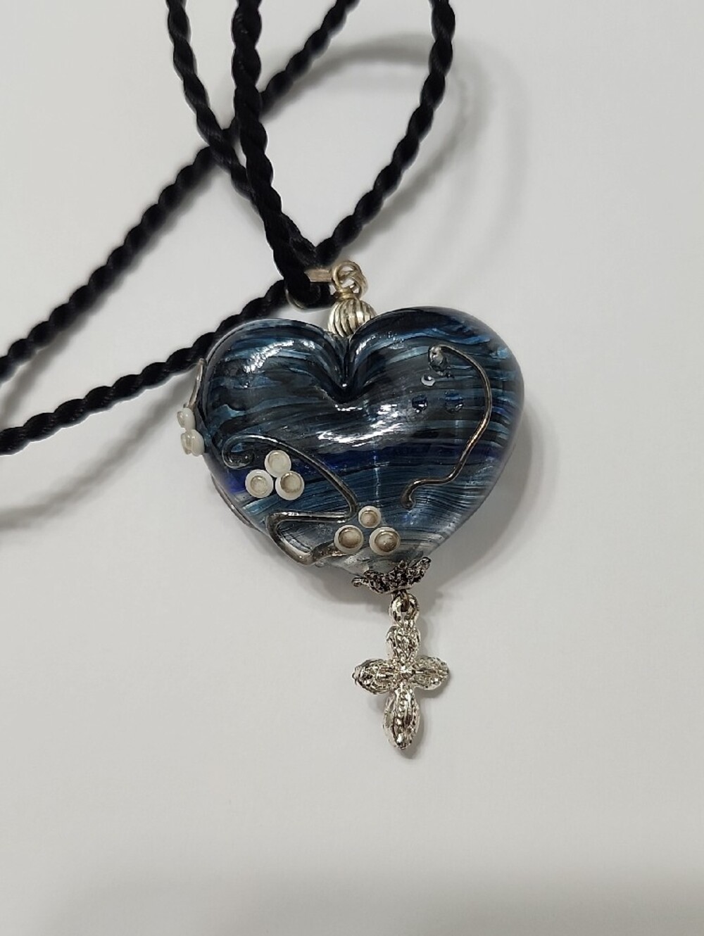 Blue Heart Glass Pendant Necklace with Floral Accents